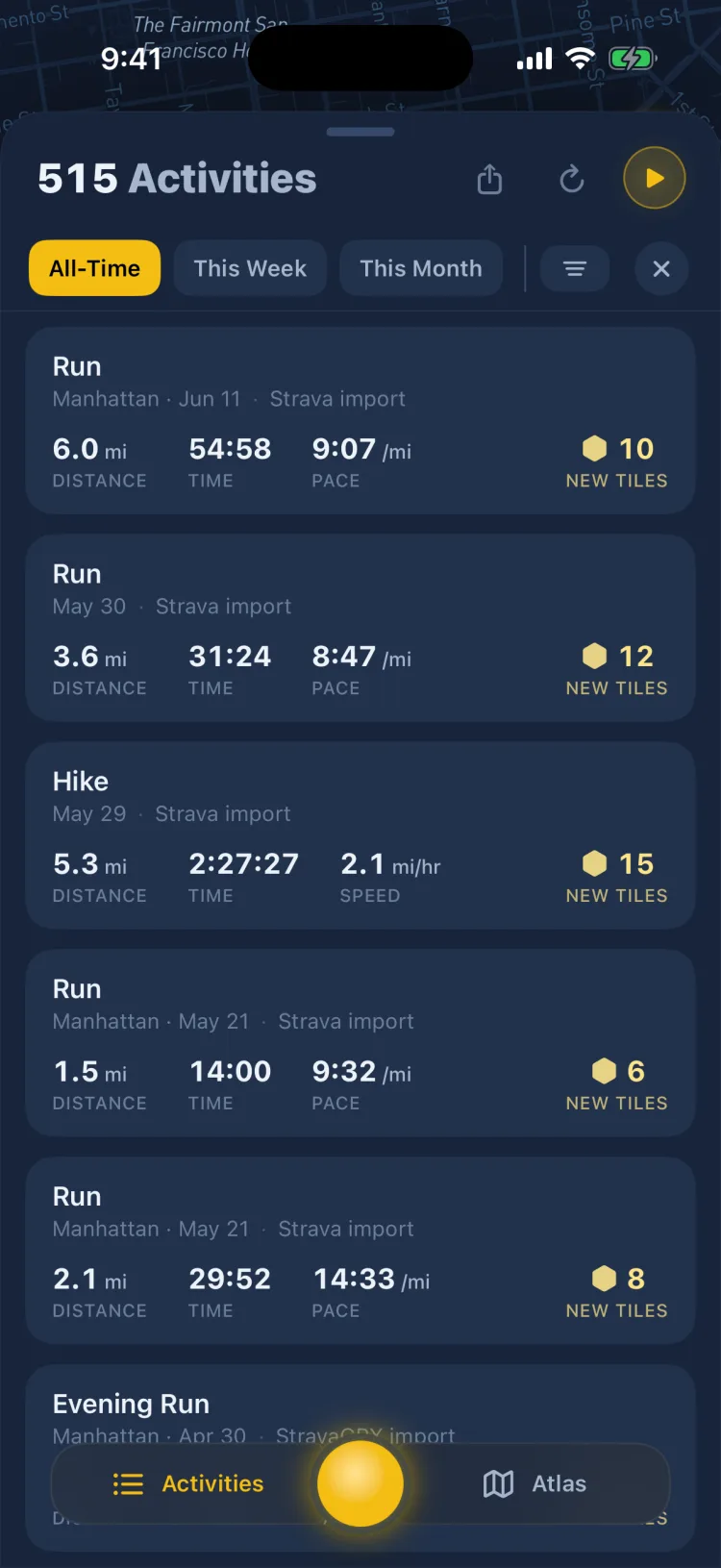 Soltra's activity list: every imported and recorded run, ride, and hike in one place, each with distance, time, pace, and new tiles