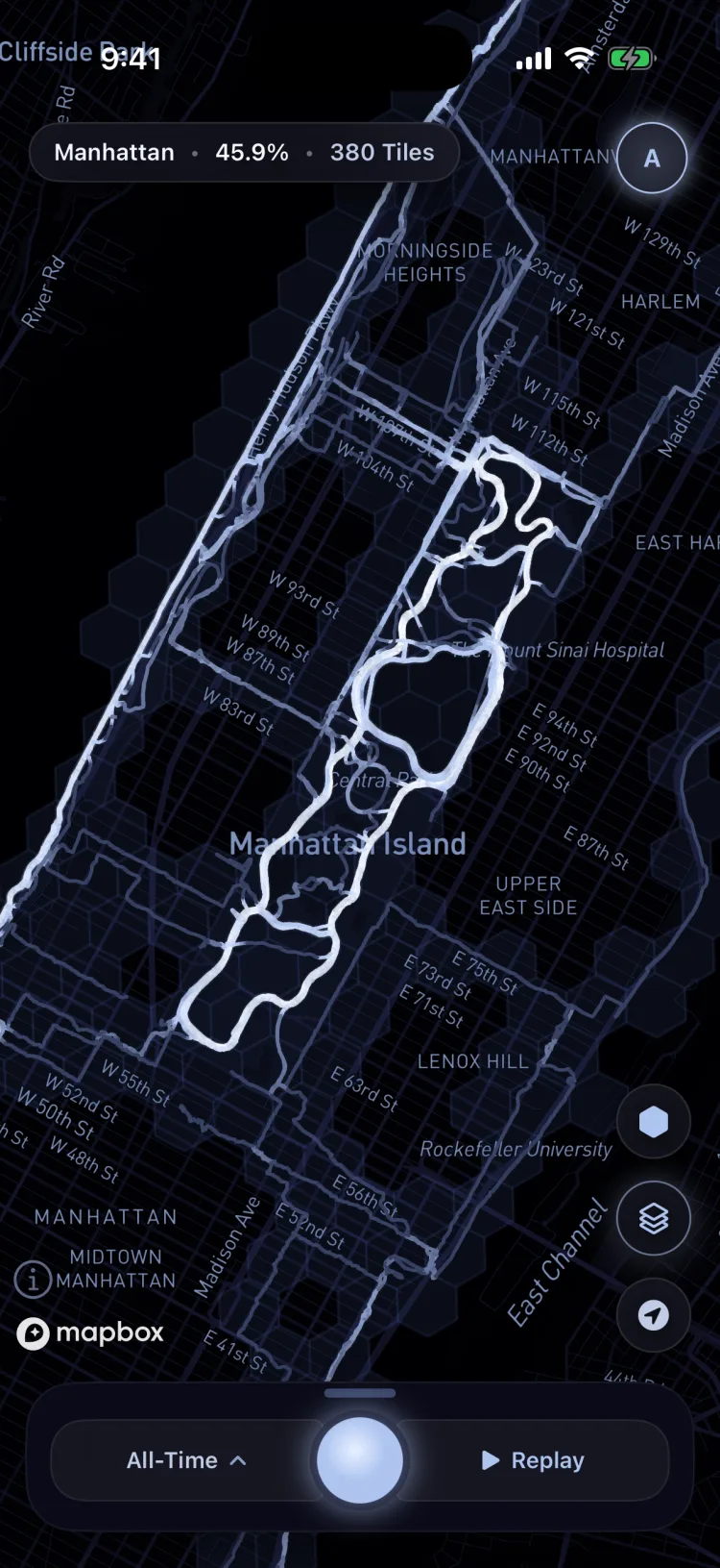 Soltra's map of Central Park in the Constellation theme, silver-white routes on black